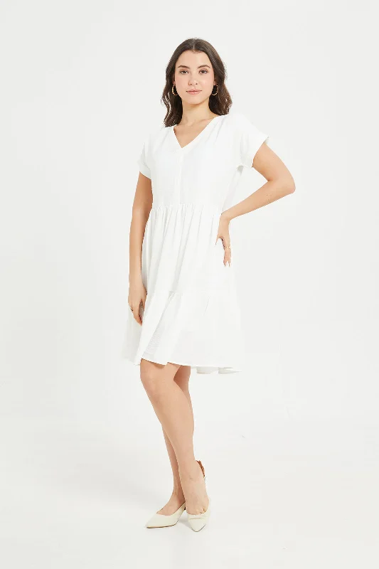 Women's Embellished Dress-Women White Tiered Dress