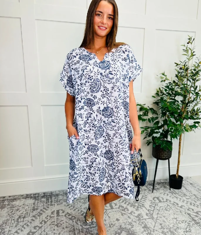 Women's Plaid Dress-White Floral Linen Look Dress