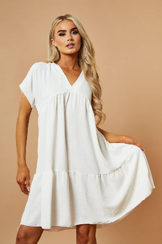Women's Classy Mini Dress-White V-Neck Tiered Frill Mini Dress - Kate