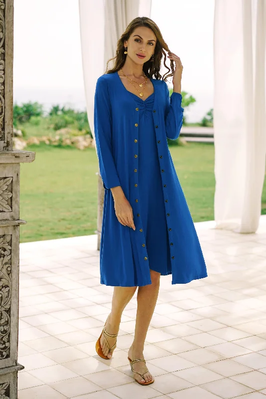 Casual Cotton Shirt Dress-Windbreaker Hand Made Black Modal Shirtdress from Bali