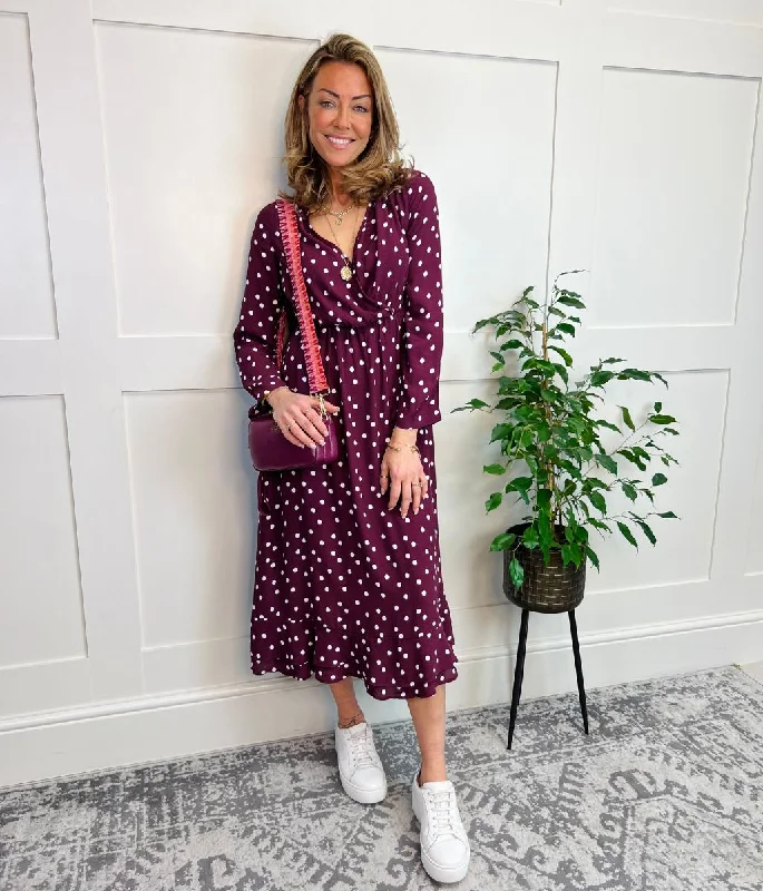 Women's Pocketed Midi Dress-Burgundy Spotted Print Wrap Midi Dress