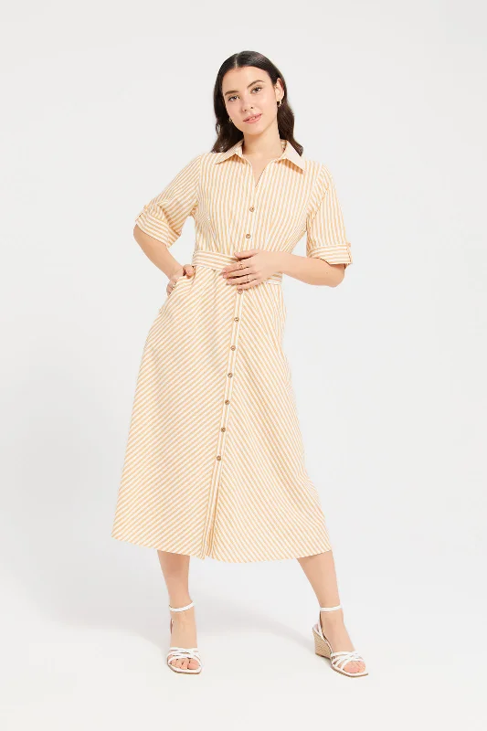 Women's Stylish Plaid Shirt Dress-Women Yellow Striped Short Sleeve Shirt Dress