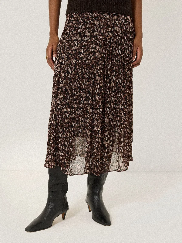 Women's Round Neck Pleated Midi Dress-Abstract Leopard Midi Skirt | Brown