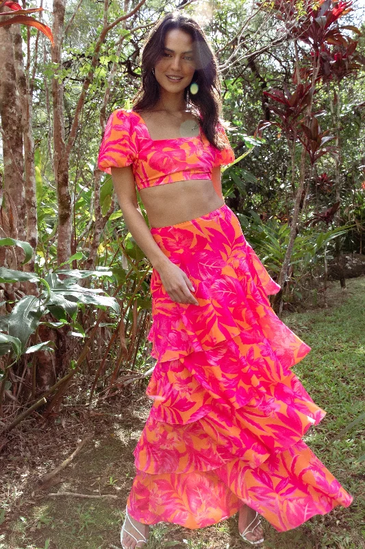 Women's Floral Lace Maxi Dress-Addison Maxi Skirt - Pink Tropics