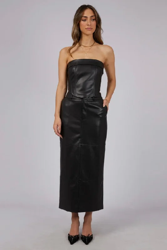 Women's Maxi Dress with Pockets-Alice Black Faux Leather Maxi Skirt