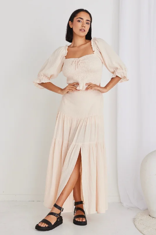 Women's Straight-cut Maxi Dress-Alive Cream Muslin Elastic Back Tiered Maxi Skirt