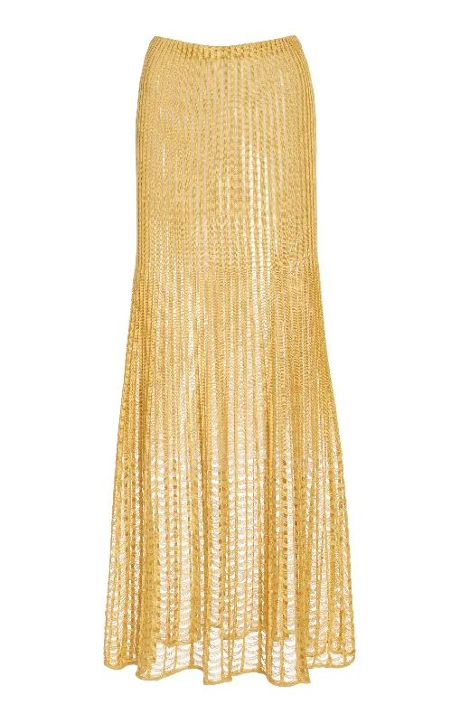 Women's Ruffle Sleeve Maxi Dress-Althea Knit Maxi Skirt in Gold Shappe Silk