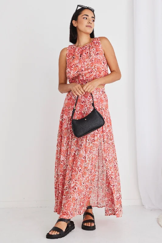 Women's Long-sleeve Maxi Dress-Aquarius Cinnamon Floral Tiered Split Front Maxi Skirt