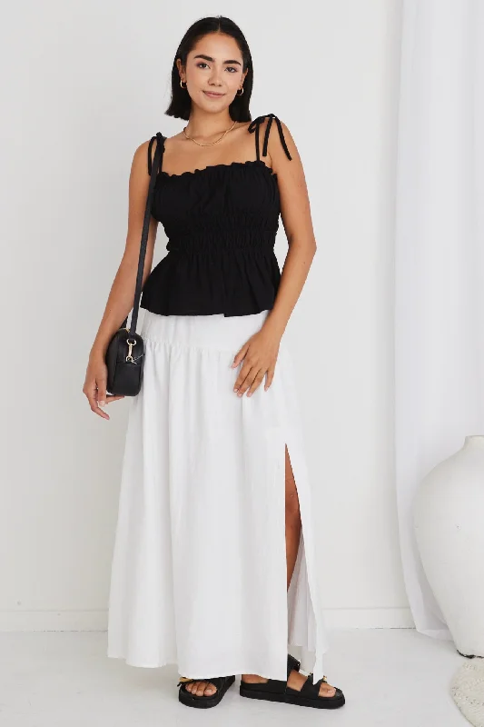 Women's Back Tie-up Maxi Dress-Aquarius White Linen Tiered Split Front Maxi Skirt