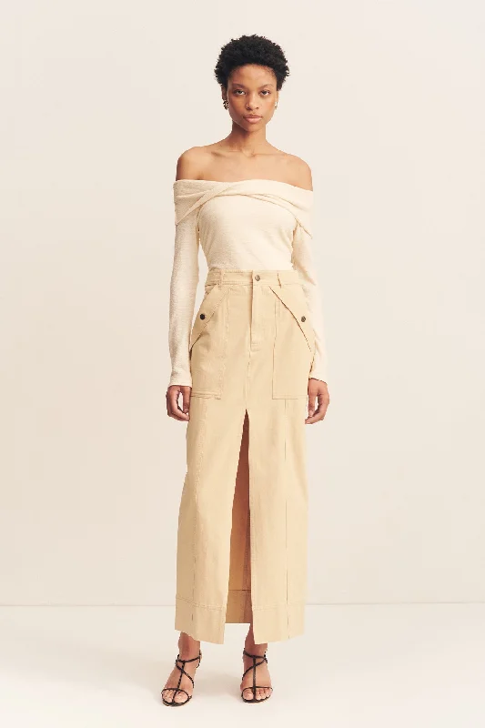 Women's Shiny Maxi Dress-ARIANA FRONT SPLIT MAXI SKIRT - SAND