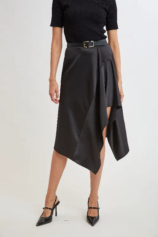 Women's Modern Cut Midi Dress-Asymmetric Hem Satin Midi Skirt