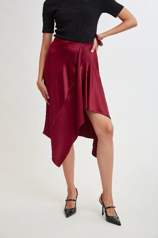 Women's Lace Midi Dress with Sleeves-Asymmetric Hem Satin Midi Skirt
