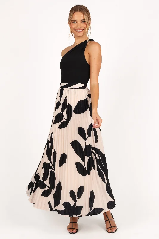 Women's Short-sleeve Maxi Dress-Aurora Pleated Maxi Skirt - Cream Black Floral