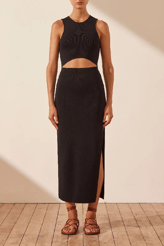 Women's Casual Loose Midi Dress-BASIC MIDI SKIRT WITH SPLIT - BLACK
