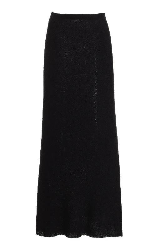 Women's One-shoulder Boho Maxi Dress-Belo Maxi Skirt in Black Silk Cashgora Boucle Gauze