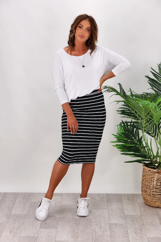 Women's Classic Wrap Midi Dress-Betty Basics Alicia Midi Skirt Black/White Stripe