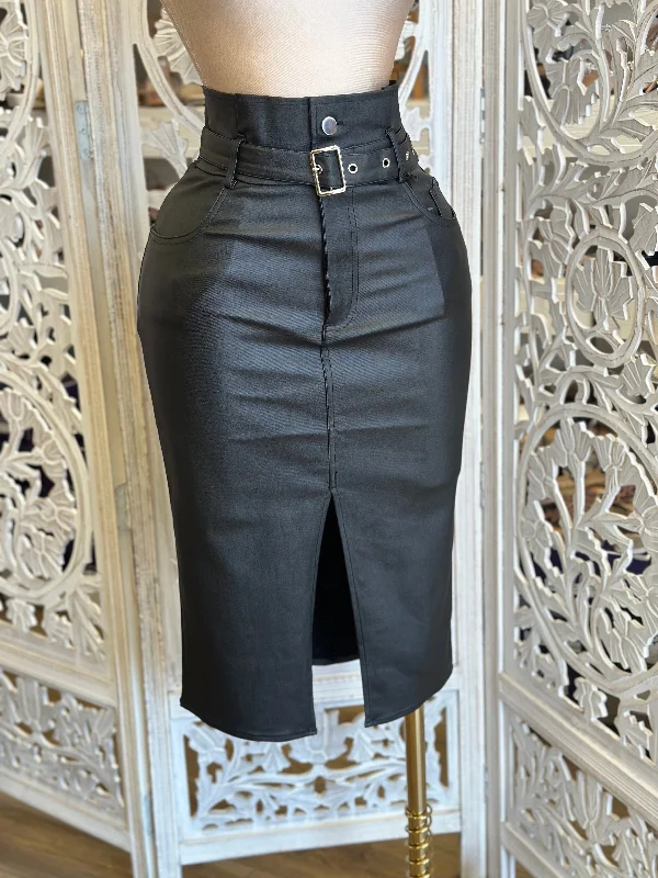 Women's Tie-waist Midi Dress-Black Faux Leather Midi Skirt- Estira, Stretchy