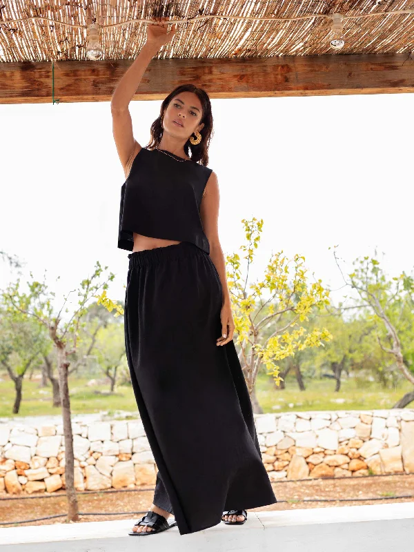 Women's Chiffon Back Maxi Dress-Black Linen Blend Maxi Skirt
