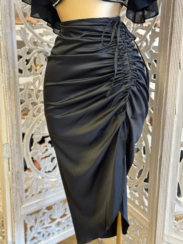 Women's Fitted V-neck Midi Dress-Black Ruched Satin Midi Skirt- Stretchy