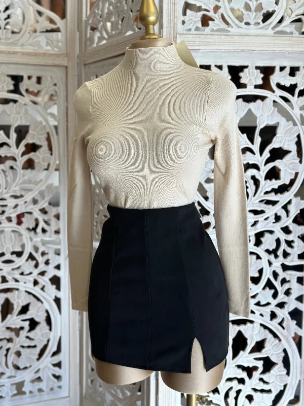 Women's Pleated Flared Mini Dress-Black Slit Suede Mini Skirt