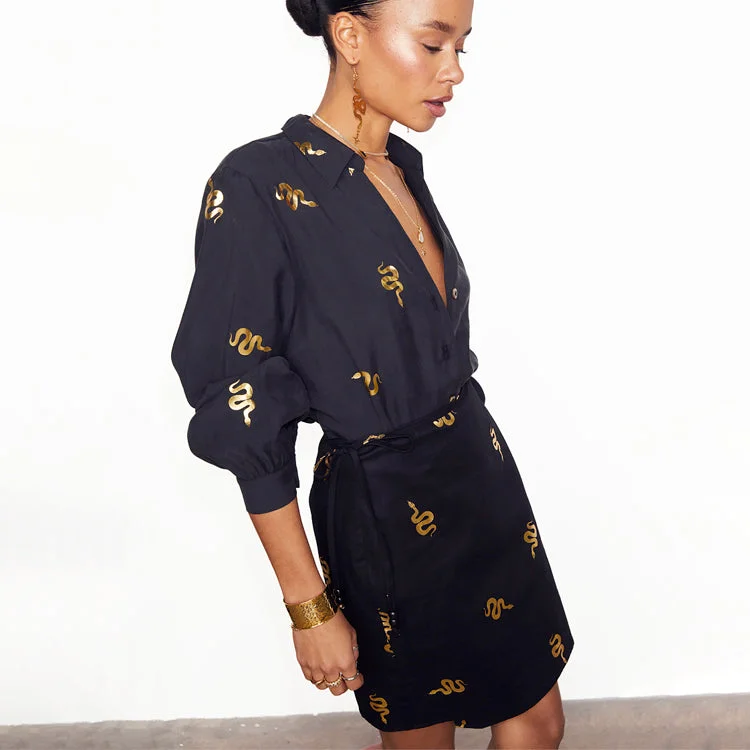 Women's Scalloped Mini Dress-Black Snake Mini Wrap Skirt 