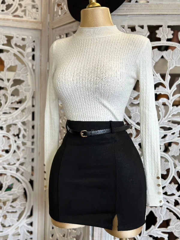 Women's Color-blocked Mini Dress-Black Suede Mini Skirt with Belt