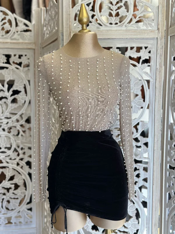 Women's Peplum Sleeve Mini Dress-Black Velvet Ruched Mini Skirt