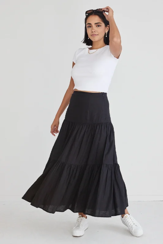 Women's Floral Maxi Style Midi Dress-Blazing Black Tiered Linen Midi Skirt