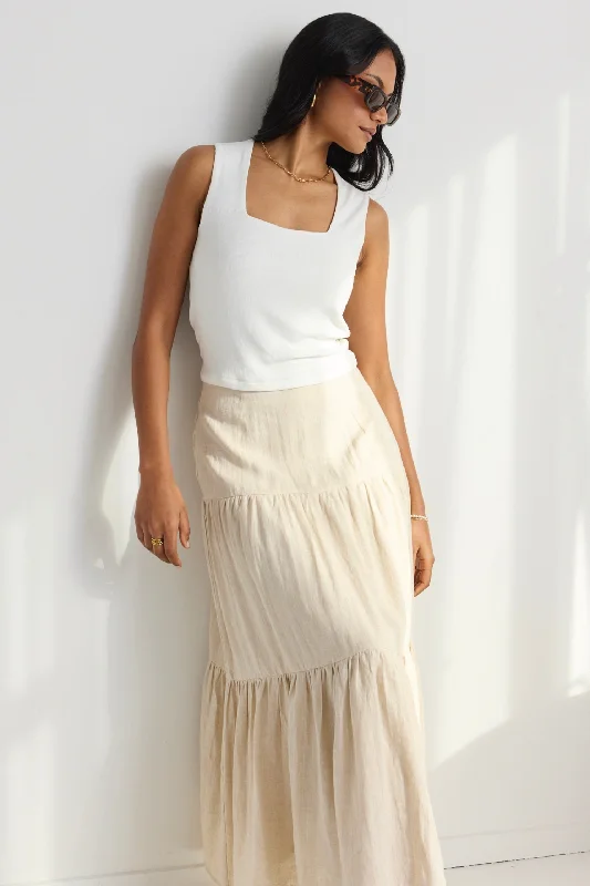 Women's Mid-length Midi Dress-Blazing Sand Tiered Linen Midi Skirt