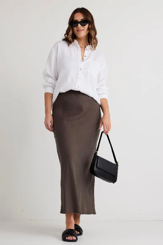 Women's Summer A-line Midi Dress-Bliss Dark Olive Linen Bias Midi Skirt