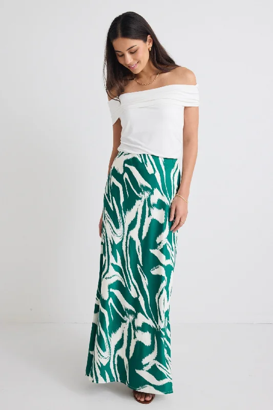Women's Multi-layer Maxi Dress-Breathe Green Zebra Satin Bias Maxi Skirt