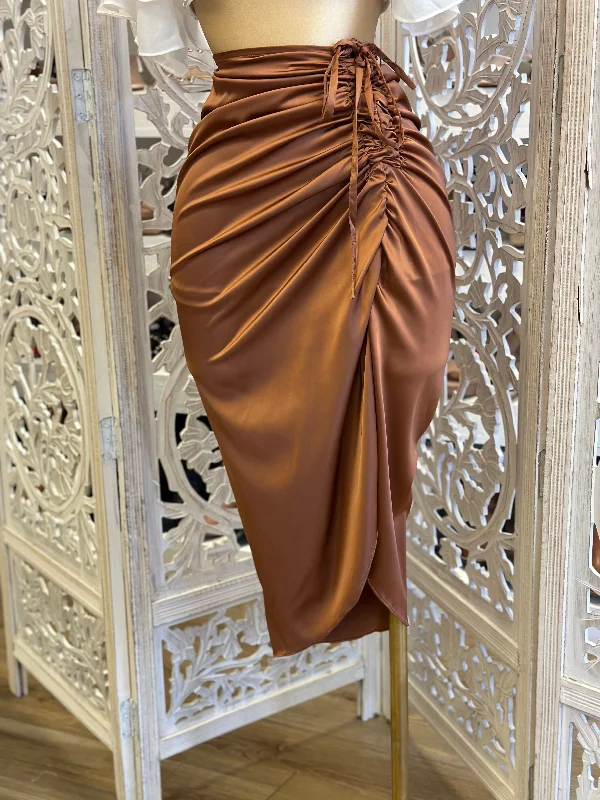 Women's Puff Sleeve Midi Dress-Brown Ruched Satin Midi Skirt- Stretchy