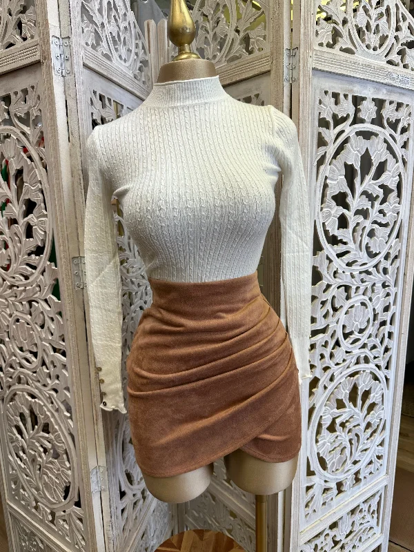 Women's Formal Mini Dress-Brown Suede Draped Mini Skirt