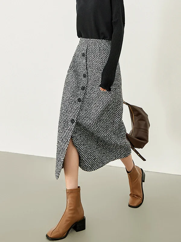Women's Black Maxi Dress-BerryBetty - Button Down Tweed Boucle Maxi Skirt