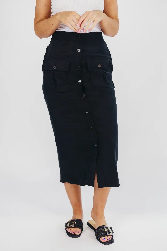 Women's Pleated Detail Midi Dress-Better Days Button-Down Midi Cargo Skirt in Black Women's Pleated Detail Midi Dress-Better Days Button-Down Midi Cargo Skirt in Black