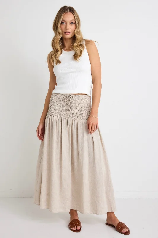 Women's Plus Size Maxi Dress-Byron Natural Linen Shirred Waist Maxi Skirt