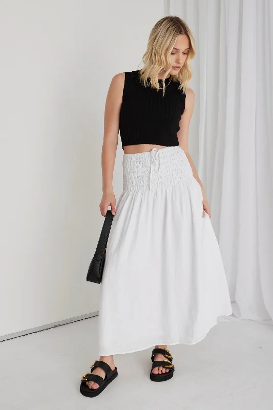 Women's Ruffled Strapless Maxi Dress-Byron White Linen Shirred Waist Maxi Skirt