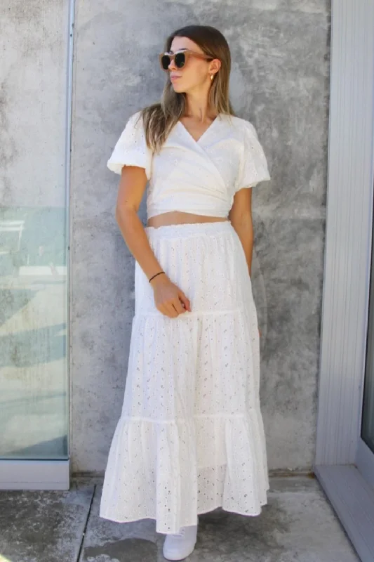 Women's Satin Maxi Dress-California White Embroidery Anglaise Shirred Waist Tiered Maxi Skirt