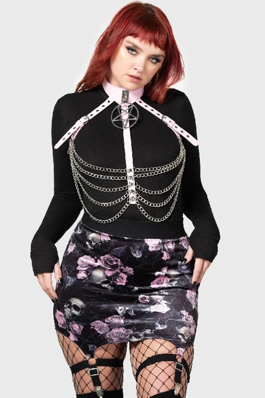 Women's White Lace Mini Dress-Cassandra Velvet Mini Skirt [BLACK/PINK]