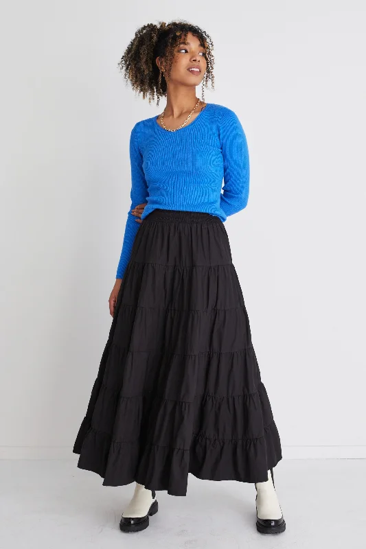 Women's Ruched Waist Maxi Dress-Castro Black Cotton Poplin Multi Tiered Maxi Skirt