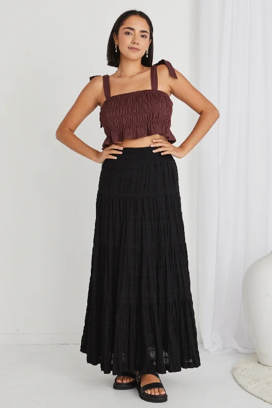 Women's Wrap-around Maxi Dress-Charming Black Shirred Cotton Tiered Maxi Skirt