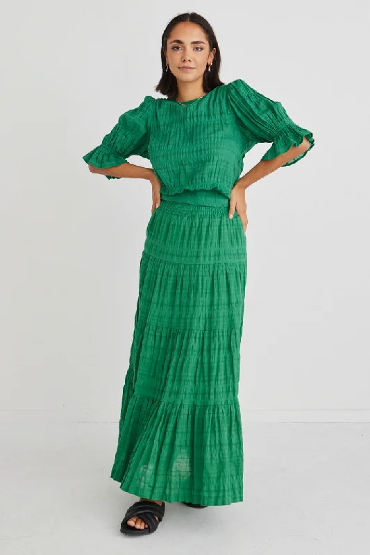 Women's Halter Neck Maxi Dress-Charming Palm Green Shirred Cotton Tiered Maxi Skirt