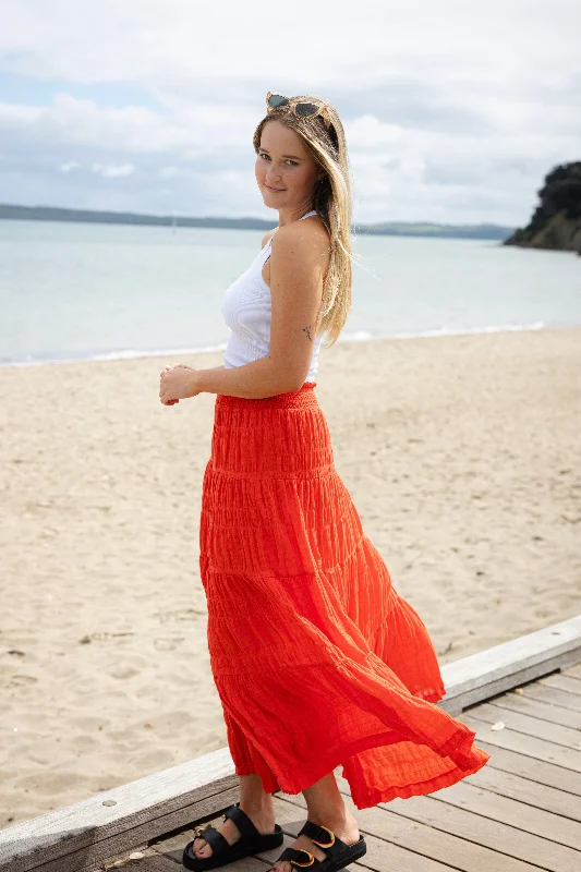 Women's Pleated Floral Maxi Dress-Charming Sunset Shirred Cotton Tiered Maxi Skirt