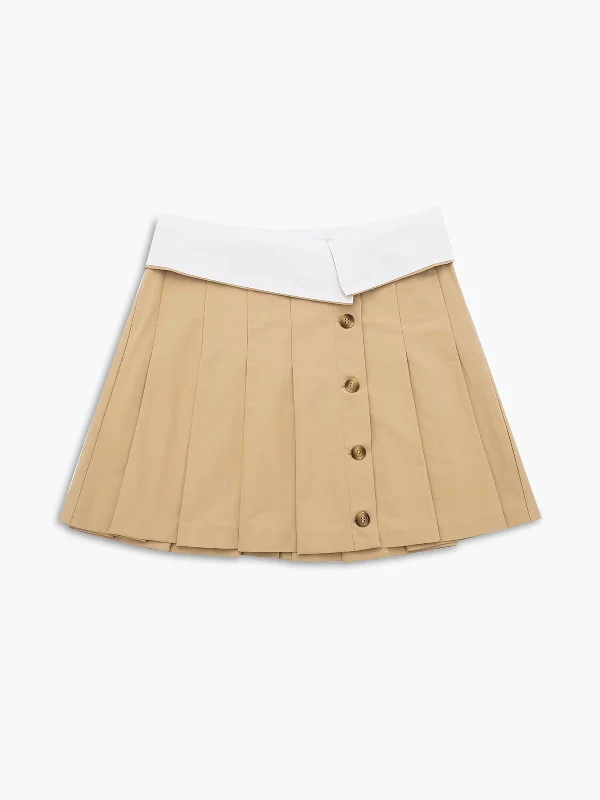 Women's Belted Waist Mini Dress-BerryBetty - Contrast Waistband Pleated Buttoned Mini Skirt Women's Belted Waist Mini Dress-BerryBetty - Contrast Waistband Pleated Buttoned Mini Skirt