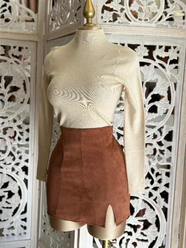 Women's Lattice Detail Mini Dress-Copper Slit Suede Mini Skirt
