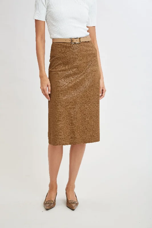 Women's Wraparound Midi Dress-Croco Embossed Vegan Leather Midi Skirt