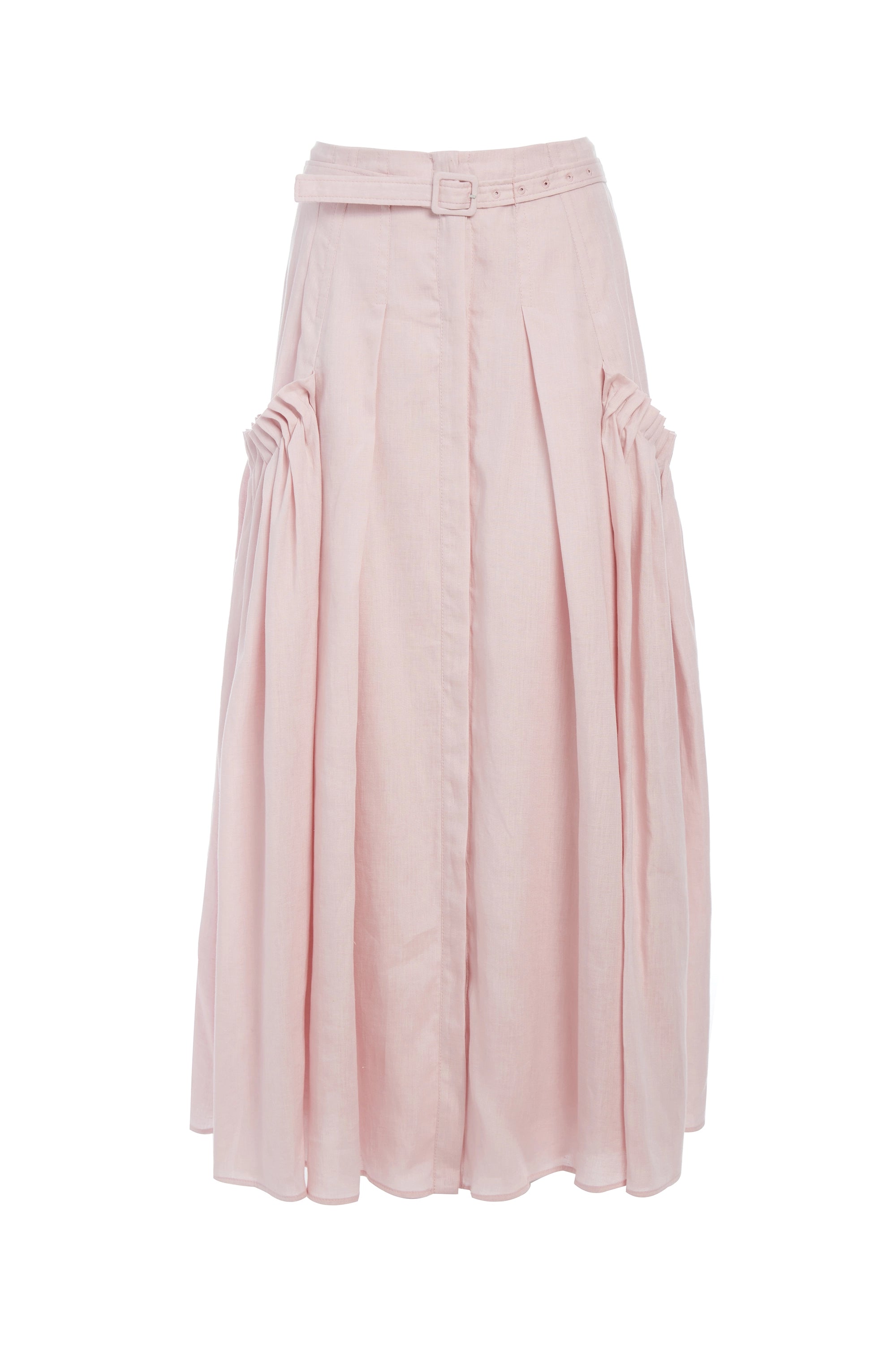 Women's Satin Back Midi Dress-Cyrielle Pleated Midi Skirt in Blush Aloe Linen