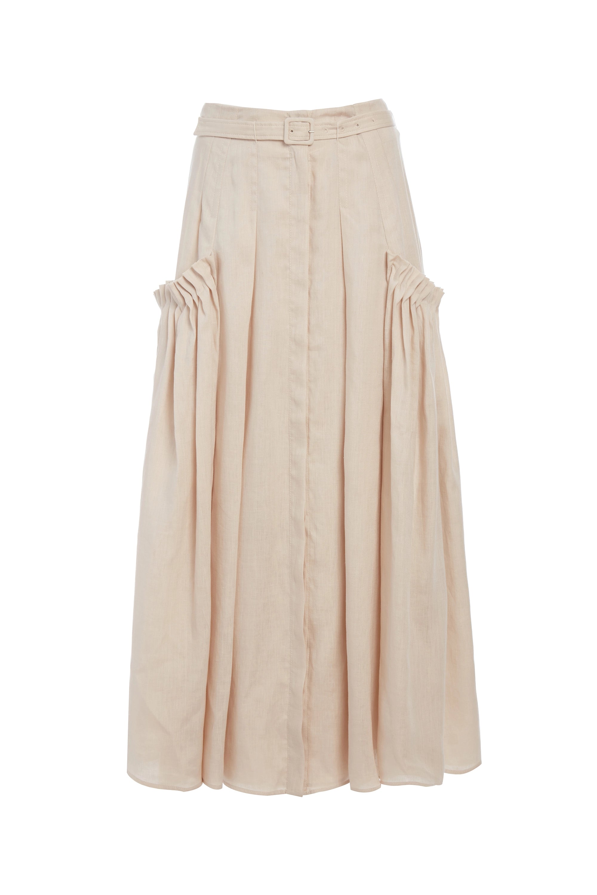 Women's Draped Sleeve Midi Dress-Cyrielle Pleated Midi Skirt in Oatmeal Aloe Linen