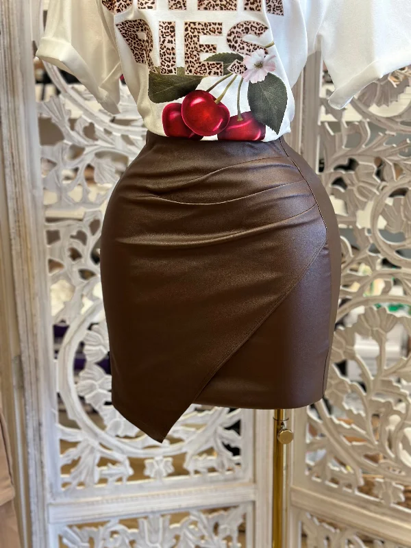 Women's Deep V Back Mini Dress-Draped Brown Mini Skirt- Estira, Stretchy