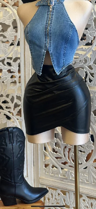 Women's A-line Pleated Mini Dress-Draped Leather Mini Skirt- Estira, Stretchy